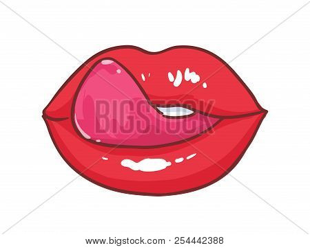 Beautiful Plump Glossy Lips And Tongue Licking It Isolated On White Background. Sign Or Gesture Demo