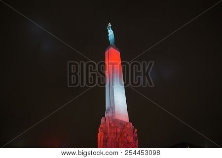 Riga, Latvia, Staro Riga Festival.  Freedom Monument In Riga. 2017 Night.
