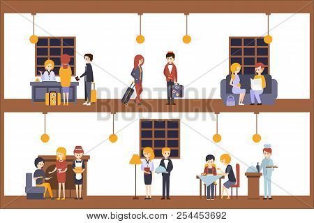 Two Illustrations, Scenes In The Hotel At Reception And Restaurant
