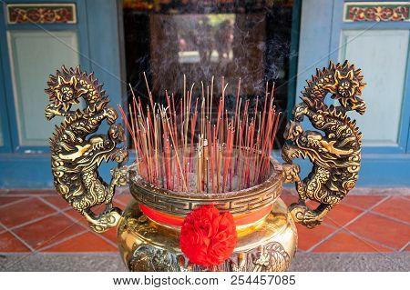 Censer With Lots Of Burning Incense Sticks In Guangong Temple In Tainan Taiwan