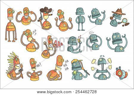 Orange Robot Set Of Cartoon Outlines Portraits