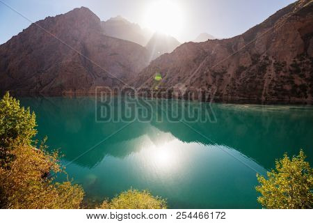 Beautiful serene lake in  Fann mountains (branch of Pamir) in Tajikistan.