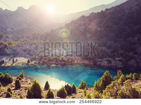 Beautiful serene lake in  Fann mountains (branch of Pamir) in Tajikistan.