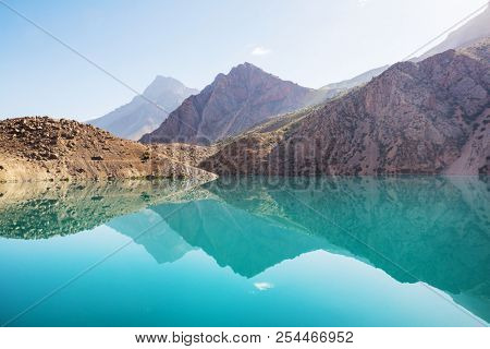 Beautiful serene lake in  Fann mountains (branch of Pamir) in Tajikistan.