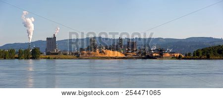 Pulp And Paper Mill Along Columbia River In Longview Washington State Panorama