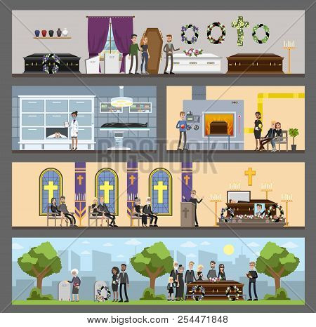 Funeral Service Interior. Cemetery And Crematory Illustration