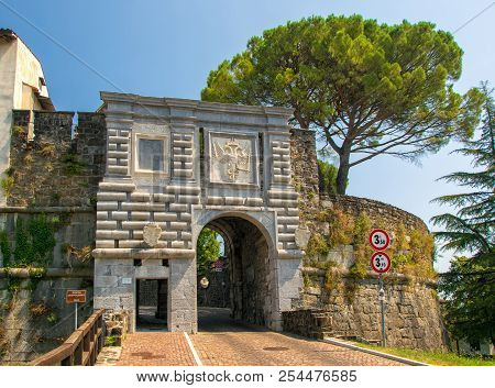 Scenic View Of Leopoldina Gate Of Historic Castle In Gorizia, Italy
