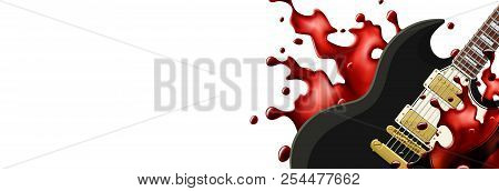 Black Metal Guitar With A Blood Splash Banner Template With White Background.