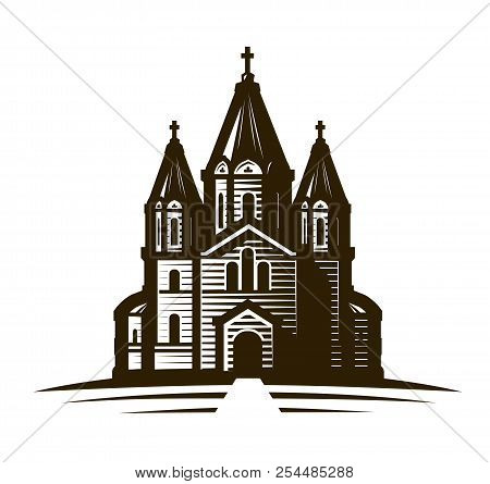 Church, Place Of Worship Or Cathedral. Vintage Sketch Vector Illustration