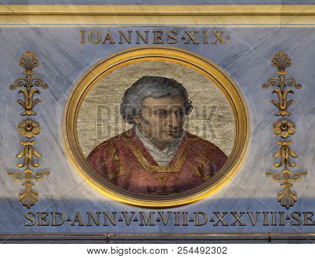 ROME, ITALY - SEPTEMBER 05, 2016: The icon on the dome with the image of Pope John XIX was Pope from May 1024 to his death in 1032., basilica of Saint Paul Outside the Walls, Rome, Italy.
