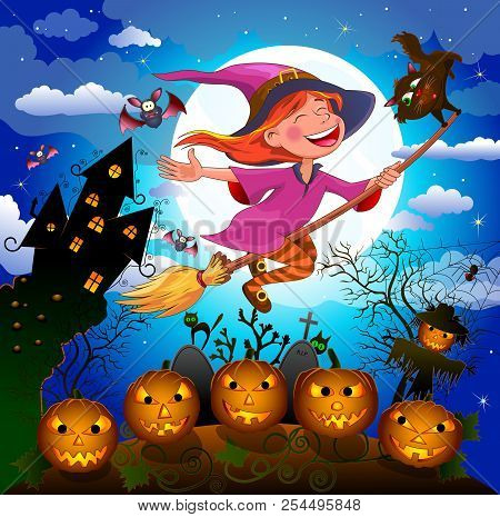 A Little Witch Flies On A Broom.  Joyful Little Witch Flying On A Broomstick In The Night Sky, Again