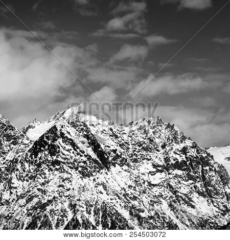 Snowy Rocks At Sunny Day. View From Chair Lift On Hatsvali, Svaneti Region Of Georgia. Caucasus Moun