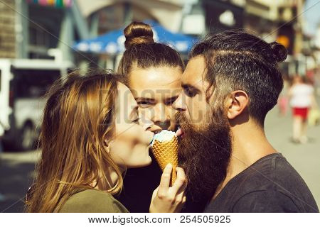 Summer. Friends Eating Tasty Ice Cream Cone On Sunny, Summer Day. Two Pretty Girls Or Cute Women And