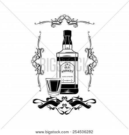 Alcohol Bottle Old Whiskey Drink Drinking Cocktail Bar Pub Bartender Vintage Glass. Vector.