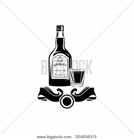 Alcohol Bottle Old Whiskey Drink Drinking Cocktail Bar Pub Bartender Vintage Glass. Vector.