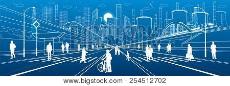 Urban City Infrastructure Illustration. People Walking At Street. Modern Town. Train Move On Bridge.