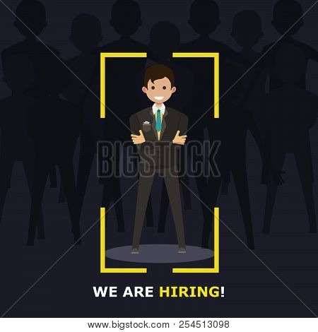 We Are Hiring Recruitment Sign. Man Employer Background Flat. Job Happy Candidate Vector Grpahic. Co