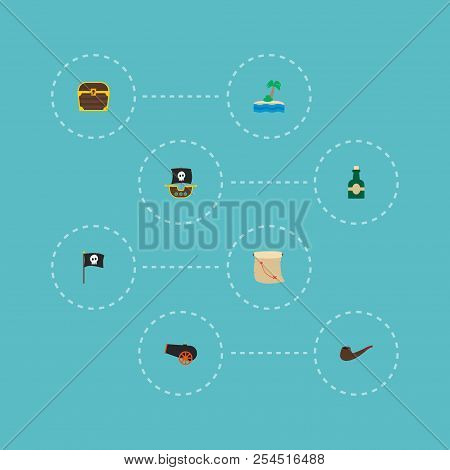 Set Of Piracy Icons Flat Style Symbols With Flag, Smoking Pipe, Cartography And Other Icons For Your