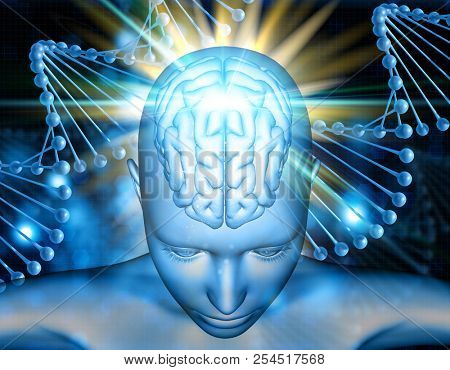 3D render of a medical background with female figure with brain highlighted on DNA strands