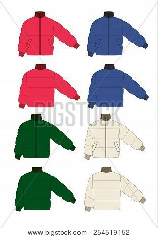 Colorful Sport Winter Puff Jackets Technical Sketches Set