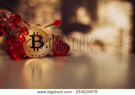 Bitcoin With Precious Stones Ruby Close Up Gold