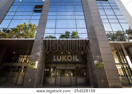 Belgrade, Serbia - July 26, 2018: Lukoil Logo On Their Main Office For Serbia. Lukoil Corporation Is