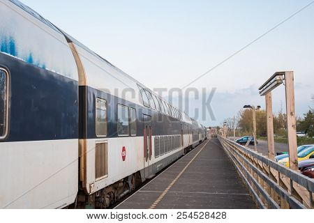 Orehoved Denmark - April 22. 2018: Dsb Double Decker Train At The Temporary Orehoved Train Station