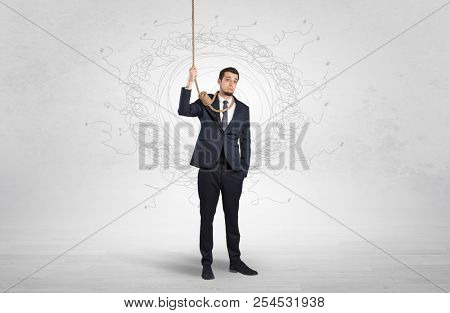 Burnout young elegant businessman trying to suicide with doodle concept