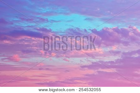 Amazing Sky Background - Pink And Serene Fluffy Cumulus Clouds In The Blue Sky. Season Of The White 