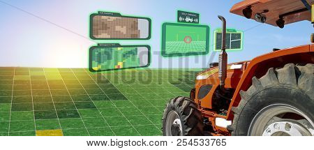 Iot Smart Industry Robot 4.0 Agriculture Concept,industrial Agronomist,farmer Using Autonomous Tract