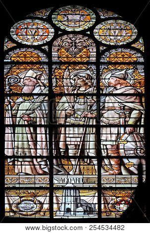 PARIS, FRANCE - JANUARY 10: Saint Agoard of Creteil, stained glass window in the Saint Augustine church in Paris, France on January 10, 2018.