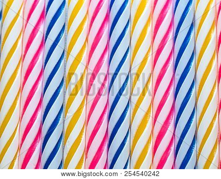 Macro Closeup Of Decorative Colored Candles For Birthday