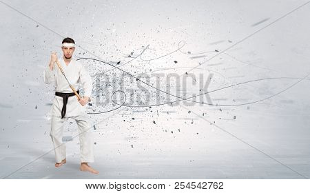 Young karate trainer doing karate tricks with chaotic concept