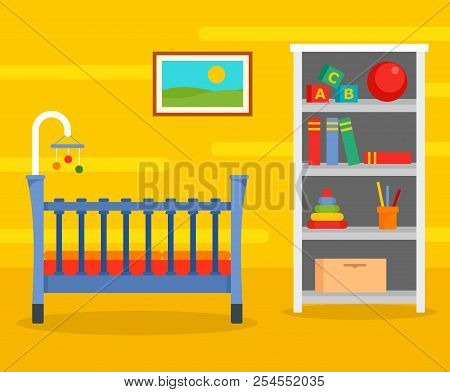 Yellow Baby Room Background. Flat Illustration Of Yellow Baby Room Background For Web Design