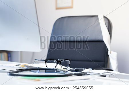 Modern Medical Doctor Office. Empty Working Place Of A Practicing Physician