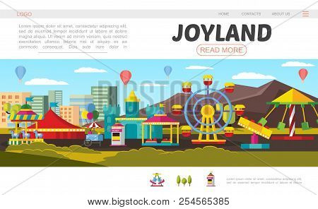 Flat Amusement Park Landing Page Concept With Ferris Wheel Castle Food Cart Ticket Booth Hot Air Bal