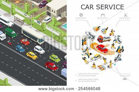 Car Service And Traffic Jam Composition With Workers Repair And Fix Automobiles And Vehicles Moving 