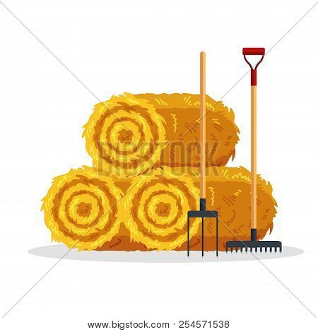 Bale Of Hay Isolated On White Background. Flat Dried Haystack With Forks And Rake, Farming Haymow Ba