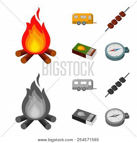 Trailer, Shish Kebab, Matches, Compass. Camping Set Collection Icons In Cartoon, Monochrome Style Ve