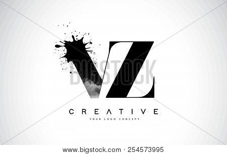 Vz V Z Letter Logo Design With Black Ink Watercolor Splash Spill Vector Illustration.