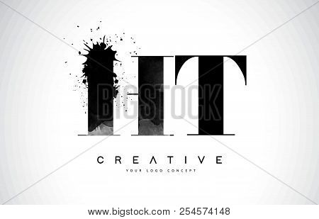 Ht H T Letter Logo Design With Black Ink Watercolor Splash Spill Vector Illustration.