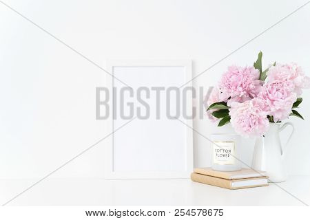 Elegant White Blank Frame Mockup. Still Life Composition, Summer Bouquet Of Pink Peonies In Vase. Ba