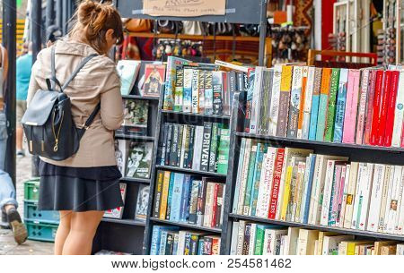 London, Uk - September 1, 2017 - Shelves Of Used Books On Display At A Second Hand Book Shop In Camd