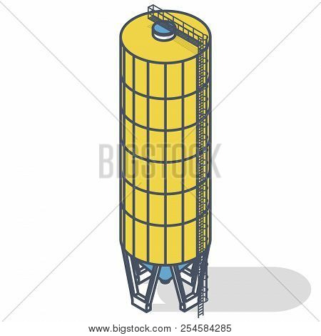 Grain Silo, Isometric Building Infographic, Oulined Yellow Seed Elevator On White Background. Illust