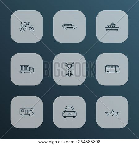 Transport Icons Line Style Set With Campervan, Taxi, Truck And Other Autobus Elements. Isolated Vect