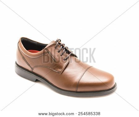 Studio Shot Shiny Brown Dress Cap Toe Oxford Shoes Isolate On White