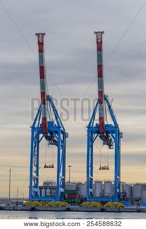 Genoa (genova), Italy, January 14, 2017 - Big Cranes In The Port Of Genoa (genova), Italy