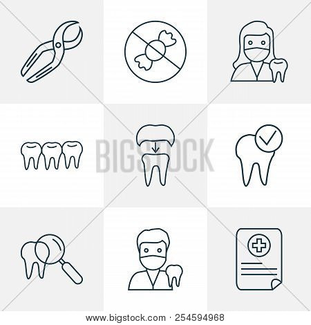 Enamel Icons Line Style Set With Teeth, Dental Care, Dentist Woman And Other Alumina Elements. Isola