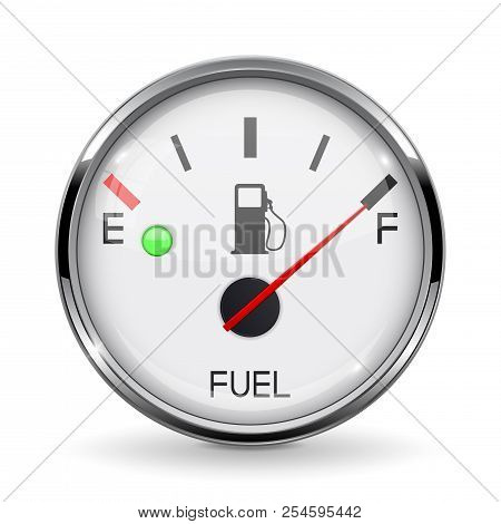 Fuel Gauge. Full Tank. Round Car Dashboard 3d Device With Chrome Frame. Vector Illustration Isolated