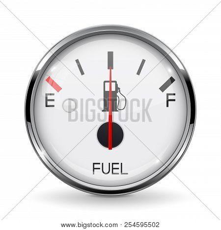 Fuel Gauge. Half Tanked. Round Car Dashboard 3d Device With Chrome Frame. Vector Illustration Isolat